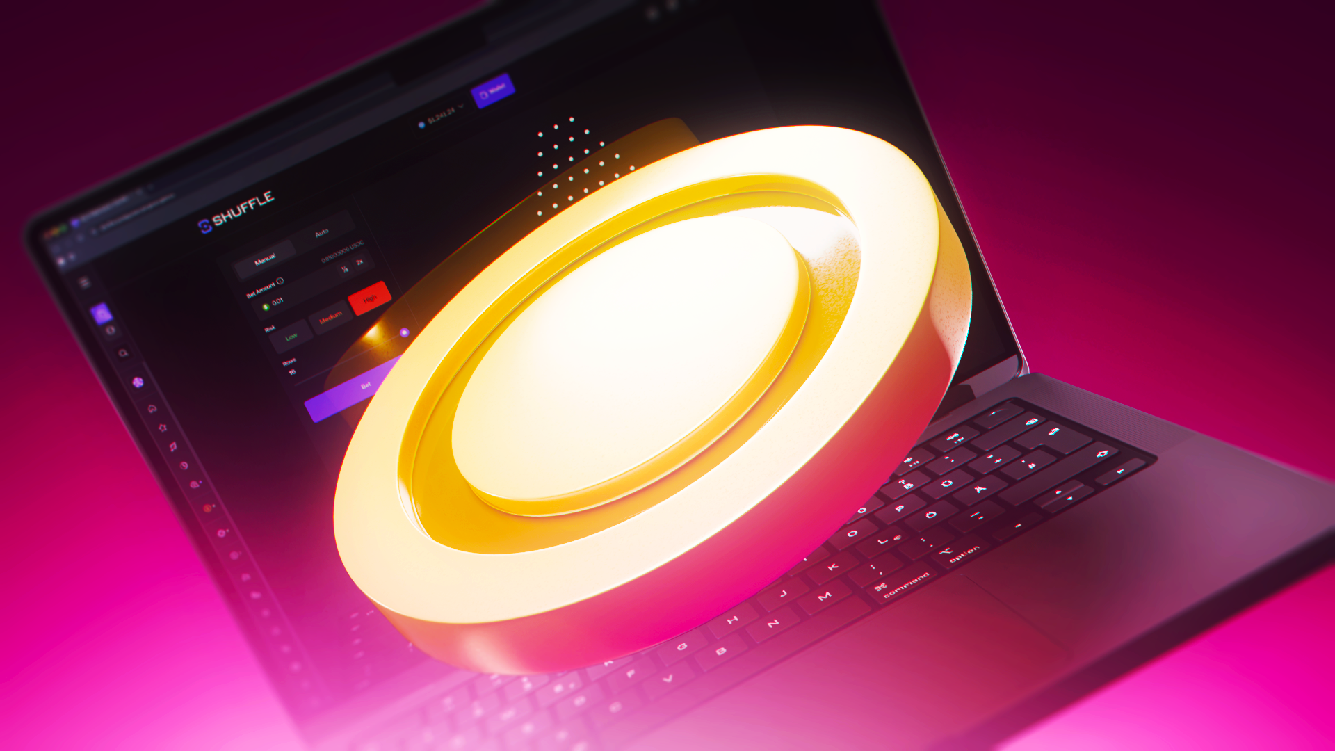 Laptop displaying the Shuffle Plinko game interface with glowing golden ring graphic – How to Play Plinko Complete Guide at Shuffle Crypto Social Casino